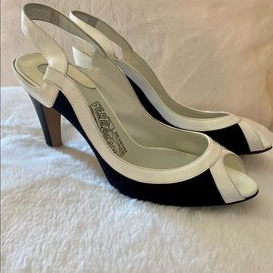 NEW! Salvatore Ferragamo Peep Toe Sling Back White  Leather & Black Trim 5 1/2